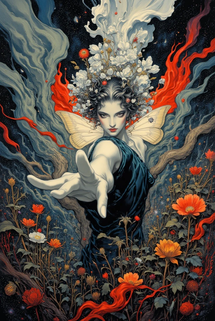Bold graphic illustration, glowing filigree constellation tattoos, dark fantasy, full body shot of a lovely curvy voluptuous busty white woman with red dreadlocks on a throne in a enchanted forest