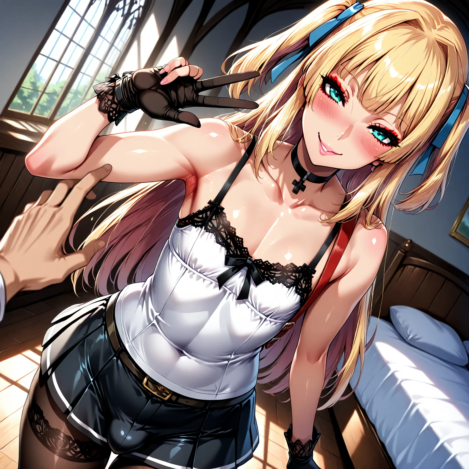 Shiny blond hair, very long hair, sophisticated haircut, ((((hair fully braided)))), ((small twisted braids)), thin and oval face, submissive, (((gagged))), ((((black tight corset)))), ((((tight skirt)))), cute and blushing 18 years old anime girl, look away because she is embarrassed and blushes, bright blue eyes, detailed face, detailed members, detailed arms, detailed hands, ((((sparkling diamond jewelry)))), tiara, ((makeup)), high heels, puffy sleeves, long gloves, long eyelashes, Girl lying, tied by ropes, shackled, can no longer move, tied tightly, very hard tied up with lots of ropes, hampered by so many ropes that she can no longer move, bound hands and feet, ropes tie his whole body, tied extremely tightly and forcefully to her bed by a lot of ropes, its limbs are strongly tied together by ropes, his torso is tied up with thick cords, her chest is so tied up with ropes that it sticks out, her legs are tied tightly with thick ropes, his hands are tied behind his back with ropes, she can no longer move her feet, her hands which are tied by thick ropes, she desperately tries to free herself, likes to be tied tight with big ropes, likes to be immobilized by big ropes, lying down, his hands and feet are strongly tied to the railing of his bed, his legs are pressed together and tied with ropes, its limbs are held vigorously by imposing ropes, her hands are tied securely behind her back by ropes, her chest is compressed by strong ropes, she is pressed against her bed and restrained by large ropes (shibari, arms behind the back:1.4), (hands on the back), (masterpiece, best quality) 1.5, 1girl, solo, (sexy, beautiful woman, perfect face, perfect eyes, perfect hands), samus aran, (shibari, arms behind the back:1.4), (hands on the back), Spread the legs, s' ((lie in bed by big ropes)), ((close up of the girl)), ((((lie in bed))))