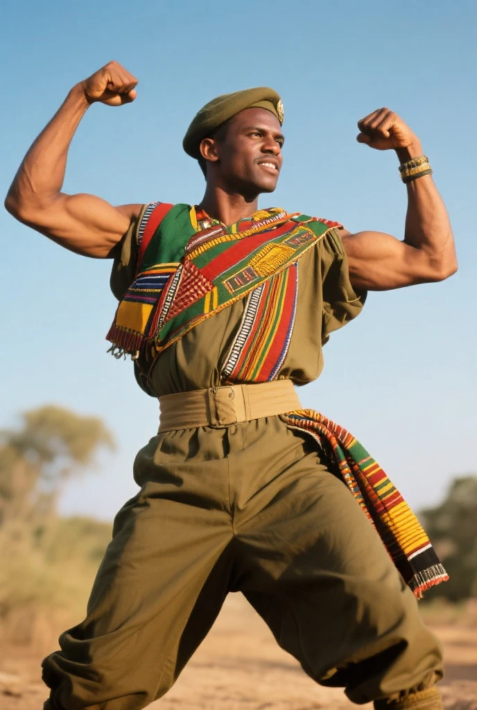 un guerrier africain fort et puissant avec une lance a la main dans une savane africaine