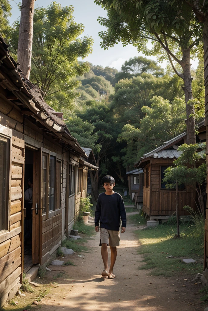 Set the scene with a picturesque small village, showcasing a young boy, sitting under a tree with a contemplative look on his face. Make sure to depict his struggles with his thoughts visually.ancient epic, details image