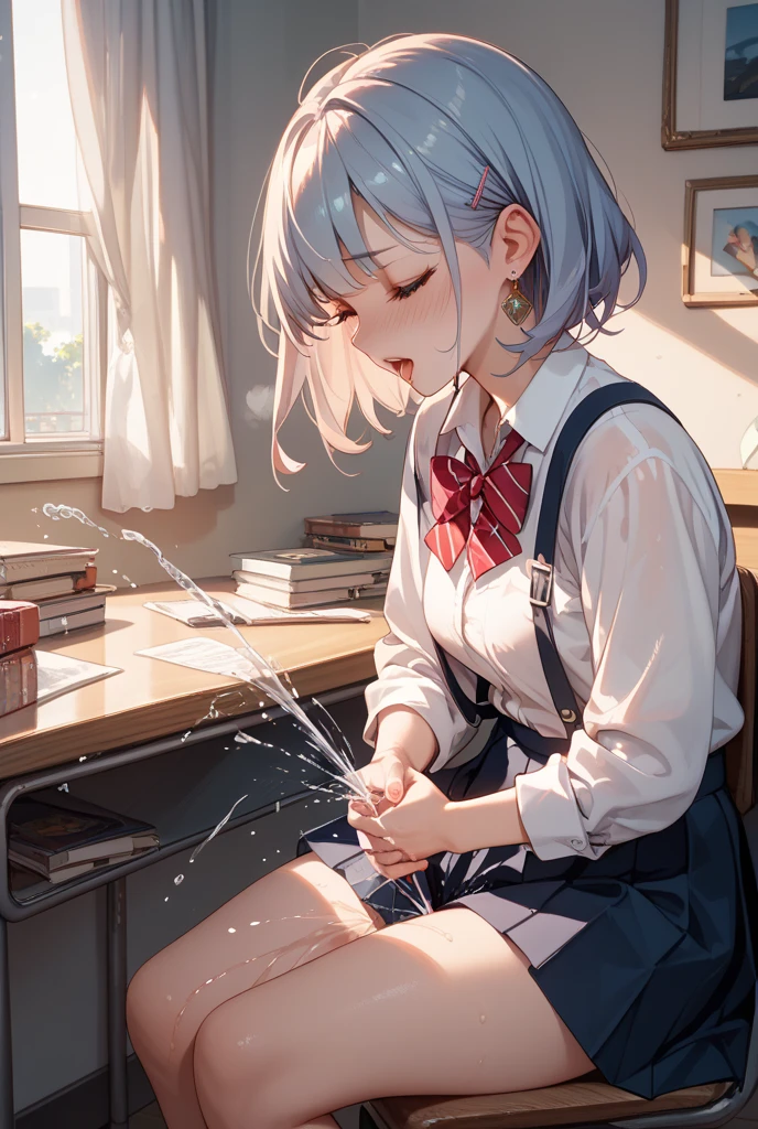 Sexy junior high school student White Hair , (table humping:1.5), (rubbing the crotch), (School_uniform), (Sailor_suit), classroom, ((Pee on the desk, Humiliated, A lot of pee))), ((Embarrassing)), Transparent pee dripping from between her legs, table,(Suggestive liquid:1.5),