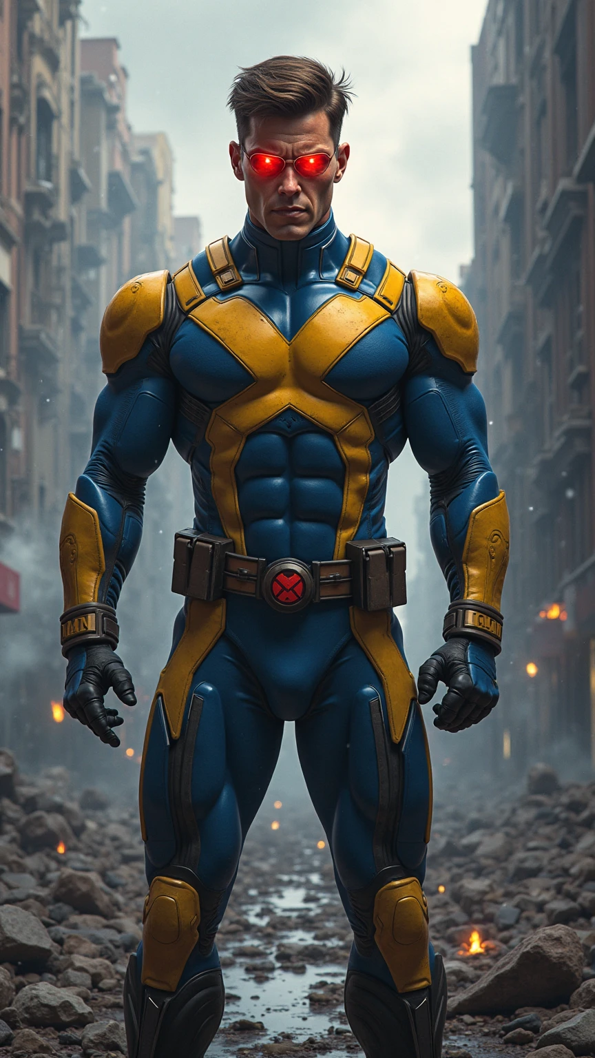 Cyclops, man, short brown hair, blue tactical combat bodysuit with yellow accents, high-tech red visor glowing with energy, superhero half mask, x logo, yellow ultility belt, gloves and boots, right hand touching his visor, left arm by his side.
