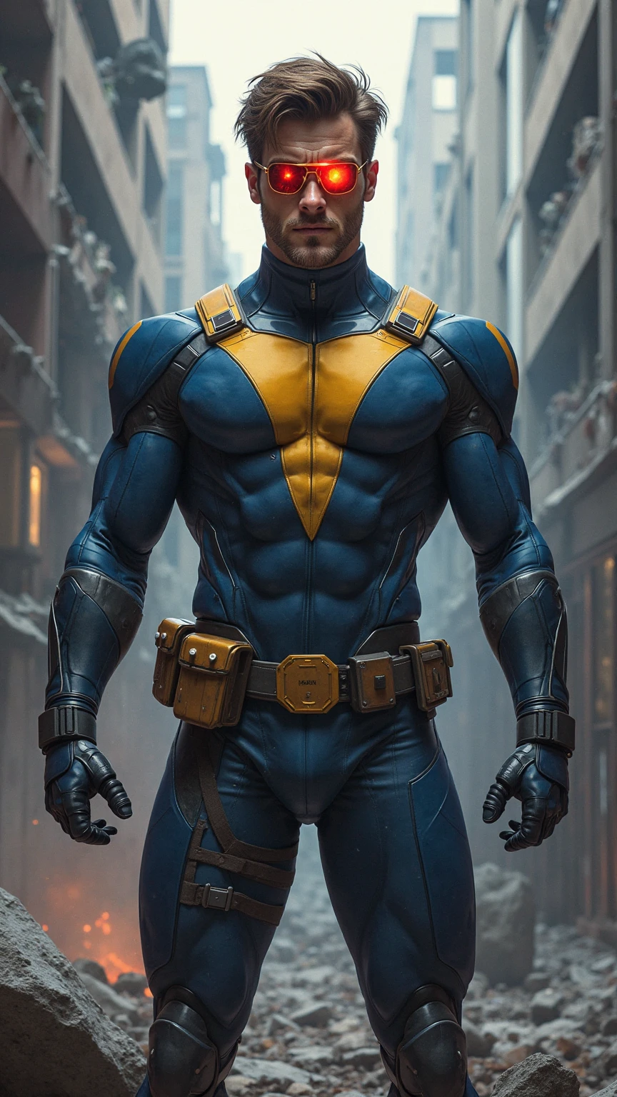 Cyclops, man, short brown hair, blue tech suit with yellow accents, gold high tech visor glowing red, x logo, yellow ultility belt, gloves and boots,
