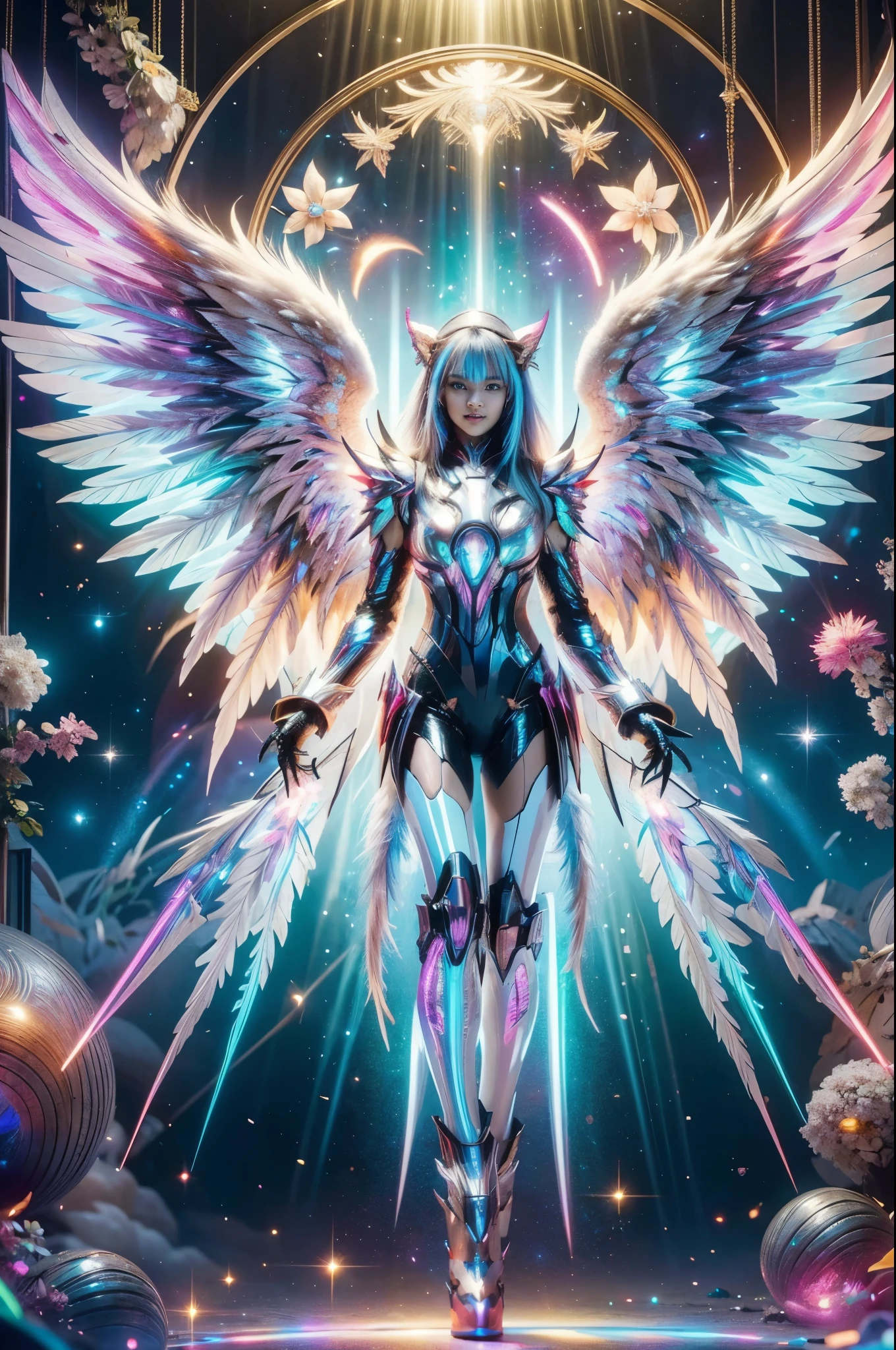 1girl, Armor, Wings, beautiful dragon, futuristic evolved Nekomata, (Neon glowing body), 2 tails, holographic, (The wings are symmetrically paired;1.5), Long shot,