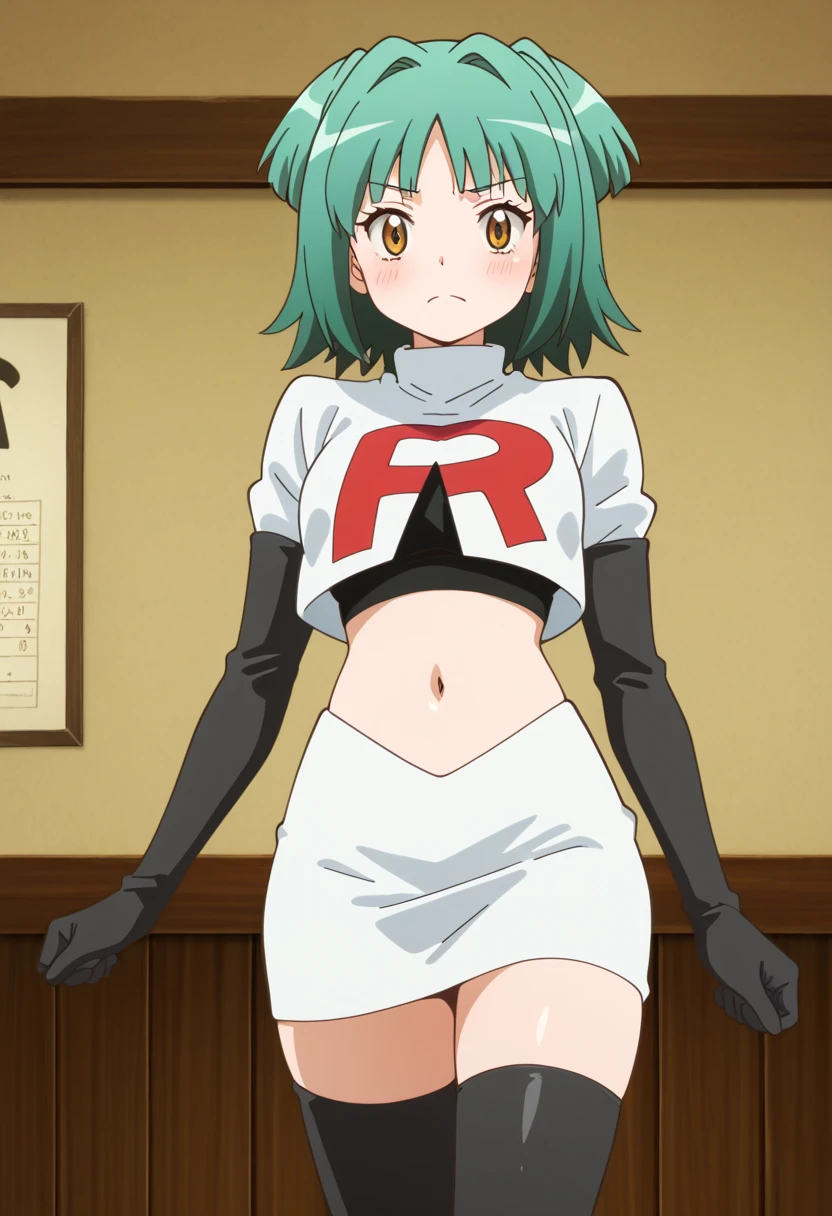 brandish, 1girl, solo, looking at viewer, simple background, cleavage, anime coloring, team rocket,team rocket uniform,white skirt,red letter R,crop top,black thigh-highs,black elbow gloves,