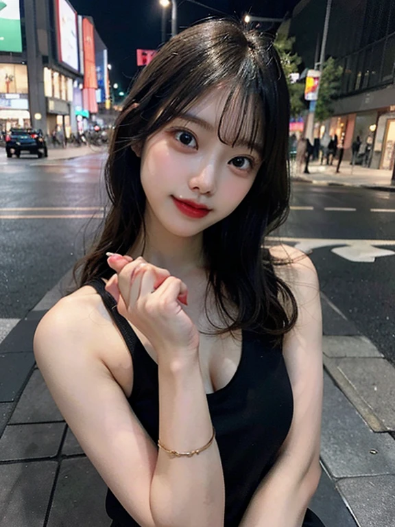 High quality, Ultra detailed, best quality, insanely detailed, beautiful, Sad eyes, Black eyes, Straight hair with bangs, Black hair, Long Hair, Tank Top, Mini Skirt, Earrings, Sneakers, Slender, busty, emphasis chest, Skyscrapers tower into the night sky, neon-lit metropolis, alley, rain,