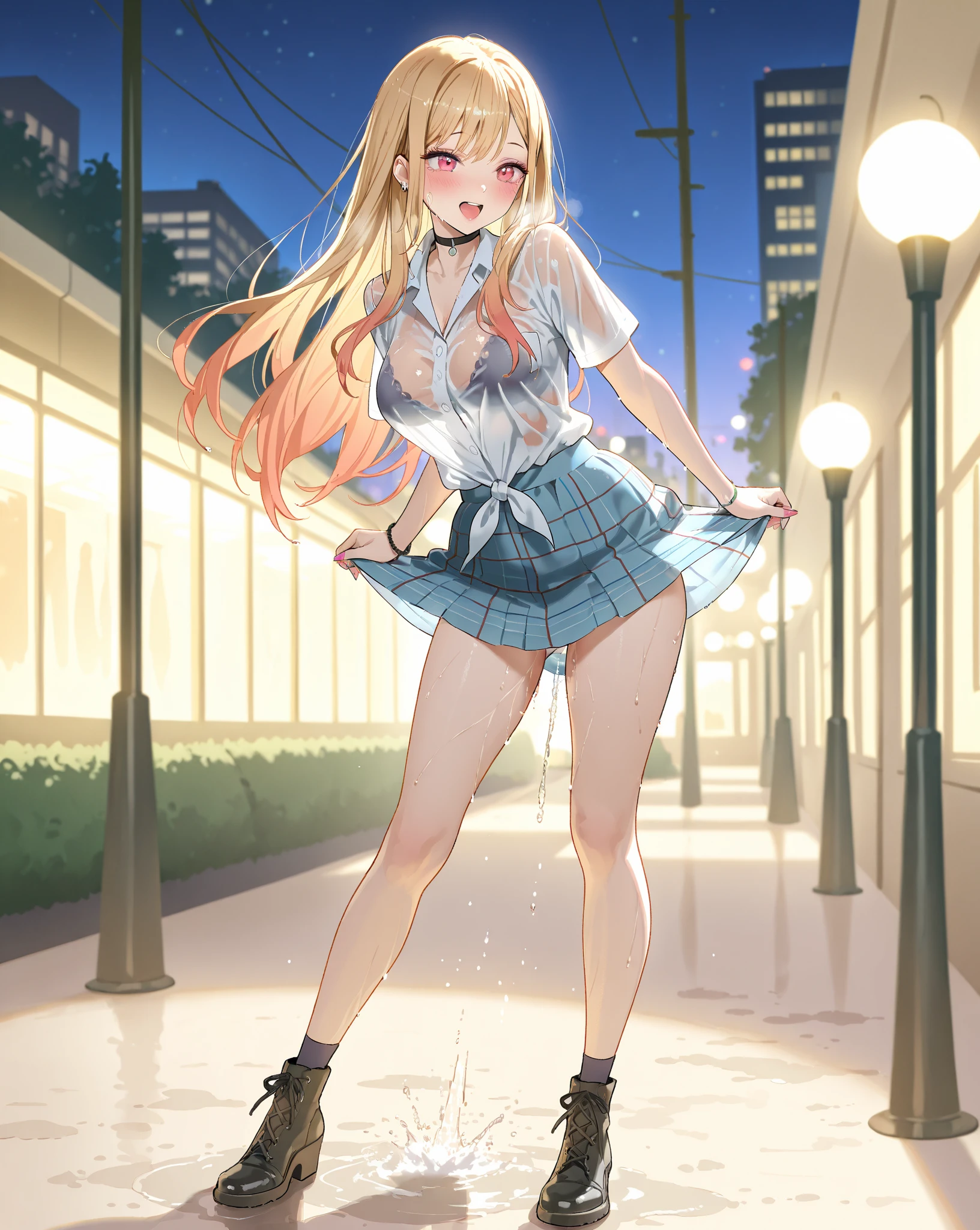 futaba kayano \(denonbu\), (best quality, 8K, masterpiece, ultra detailed:1.2),
1girl, solo, shiny skin, shadow, cinematic lighting, detailed background, wide shot,
clear sky, blue sky, day, dappled sunlight, wind, outdoors, full body,
street, petals,
white bra, shirt, collarbone, earrings, bracelet, hair flower, neckerchief, wedding ring
