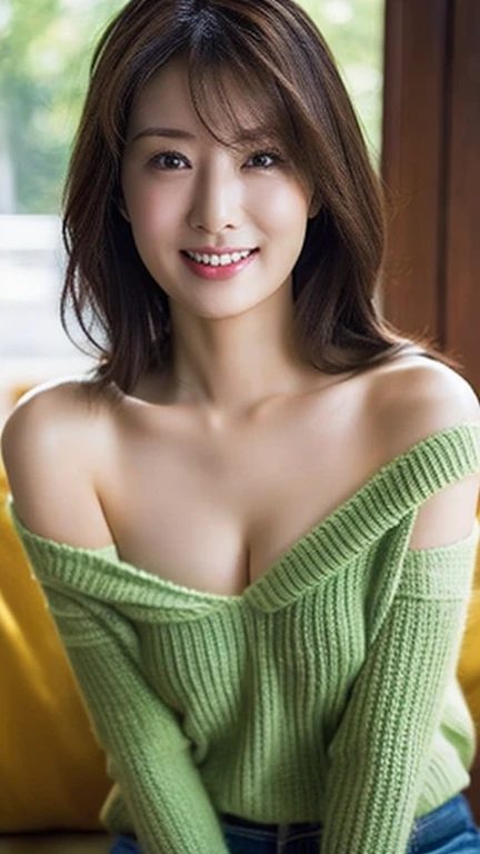 highest quality, masterpiece, ultra high resolution, realistic, 1 girl, off shoulder, smile
