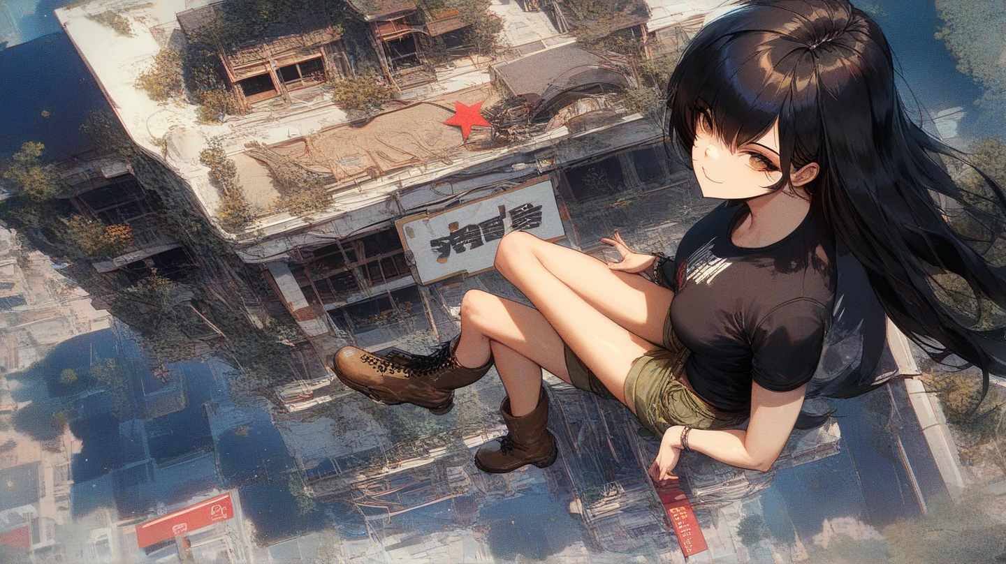GTS, giantess, light frown, looking to the down, heaven, loose green shirt, black skirt, blocking sun, sandals, trampling, destruction, collapsing building, GtsGiga,mature lady,meduim bosom,tan lines
