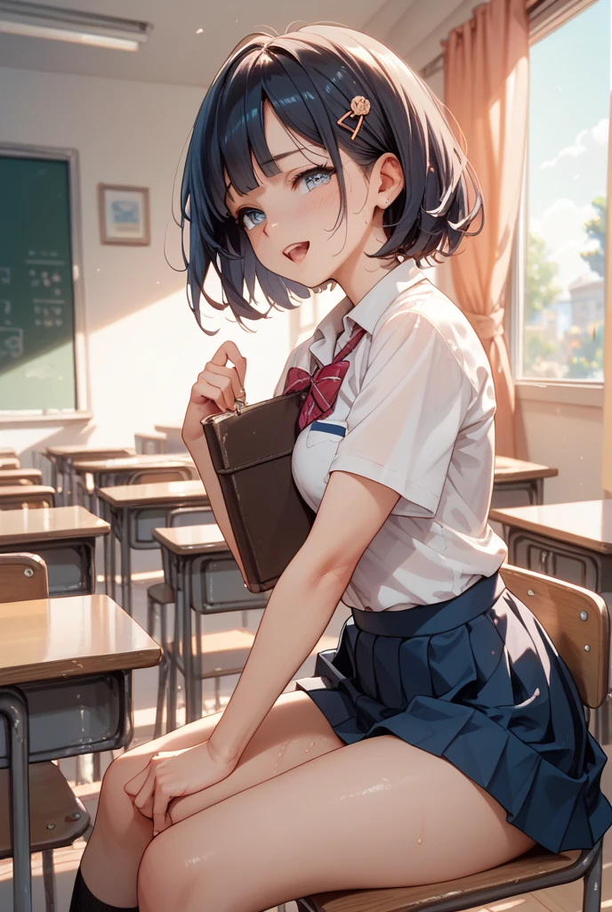 ((masterpiece,Highest quality:1.3,best quality illustration)),cowboy shot,独奏,1woman,18 year old beauty、black hair,short bob hair,bangs,black eyes,(gorgeous big eyes),((very small head:1.3)),sad,tears,((skinny:1.2)),((tan skin:1.4)),small breasts,(School student uniform、Short sleeve collared shirt、Blue ribbon tie、Blue mini skirt),gleaming skin,oily skin,slender body,sweat,standing,classroom、School、Tokyo、BDSM,nsfw,