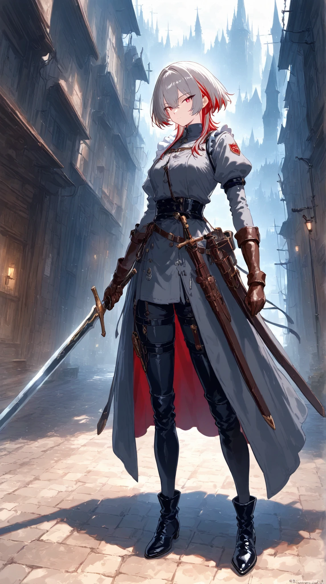anime style、masterpiece、Highest Quality、4K、solo、full body、gray hair red highlights、sharp layers with wolf cut、side locks around the face、sharp and calm eyes、Dignified and calm expression、classic, functional, and beautiful black and white maid clothes、 leather gloves、A medal that shines like an army on the chest、She's carrying a long sword and a knife at her waist、Stand quietly and stay alert、 medieval cityscape、Cobblestones、walking around the city profile