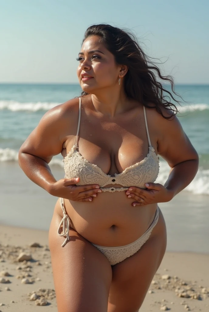 
A middle-aged American woman, around 60, stands confidently against the backdrop of the iconic New York City skyline, her ample figure adorned in a bikini that accentuates her curves. Despite societal norms dictating otherwise, she radiates self-assurance and embraces her body with pride. The bridge serves as a dramatic backdrop for her photo, contrasting the sleek lines of modern engineering with the warmth of her presence. With a smile that reflects years of experience and wisdom, she exudes a sense of empowerment, challenging stereotypes and redefining beauty on her own terms. This image captures not only a moment in time but also a bold statement of self-acceptance and confidence.