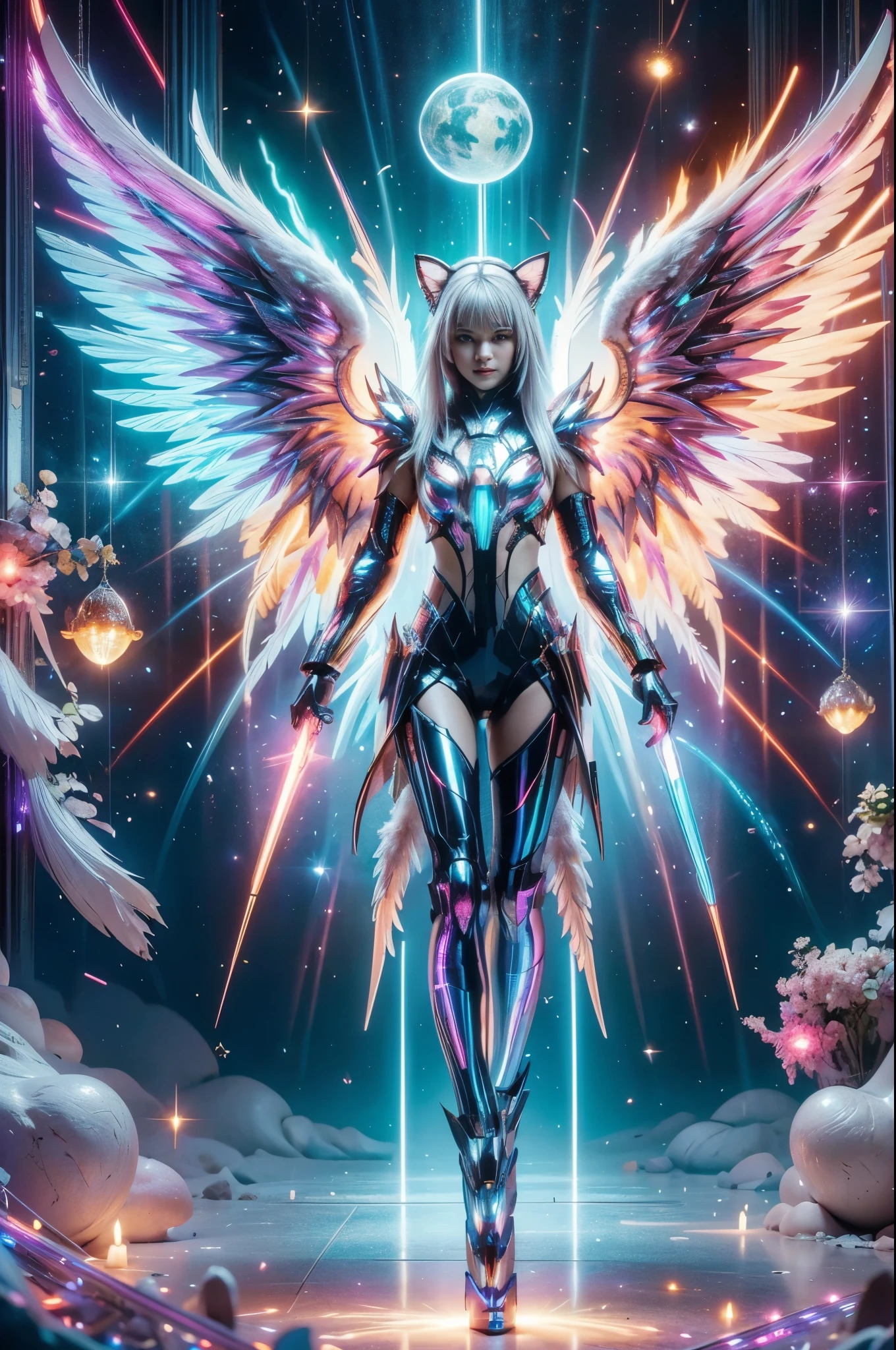 1girl, Armor, Wings, beautiful dragon, futuristic evolved Nekomata, (Neon glowing body), 2 tails, holographic, (The wings are symmetrically paired;1.5), Long shot,