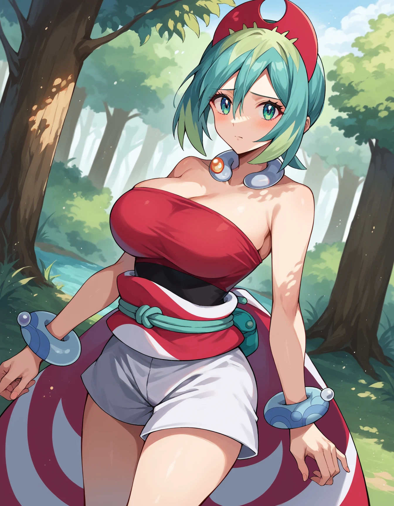 <lora:Char - RyokoTenchiMuyo:1> ryouko_(tenchi_muyou!), smile, leaning forward, big hair, blue hair, spiked hair, pointy ears, pelvic curtain, yellow eyes, large breasts, cleavage, long sleeves, choker, red gloves, sash, red pantyhose, jacket, solo,