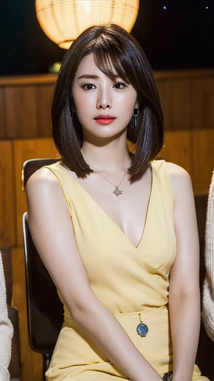 ((8k:1.27)、highest quality、masterpiece、超A high resolution:1.2)Photo Beautiful Japan woman(Comfortable:1.1) grace、good、Gradient lighting、One Girl、Delicate skin、Look at this、Brown eyes、(Short hair with bangs:1.2)、(The breasts are very large:1.0)、(middle breast wheel:0.8)、(Realistic:1.4)、(highest quality:1.0)、(超A high resolution:1.0)、8k、Raw photo、(masterpiece:0.2)、(Purelos Face_v1:0.5)、 Classic design clothes、Actress style of the 60s、Retro dresses、Classic、Shirt dress、No sleeve、Chest-hiding design、Excited expression、Red cheeks、What can I do for you?、theme、Looking down from above、Tilt、Good posture、On the chest、I&#39;m a little drunk、Tired and sleepy、office、Sit on a chair、sleepy、Drunk、Huge 、