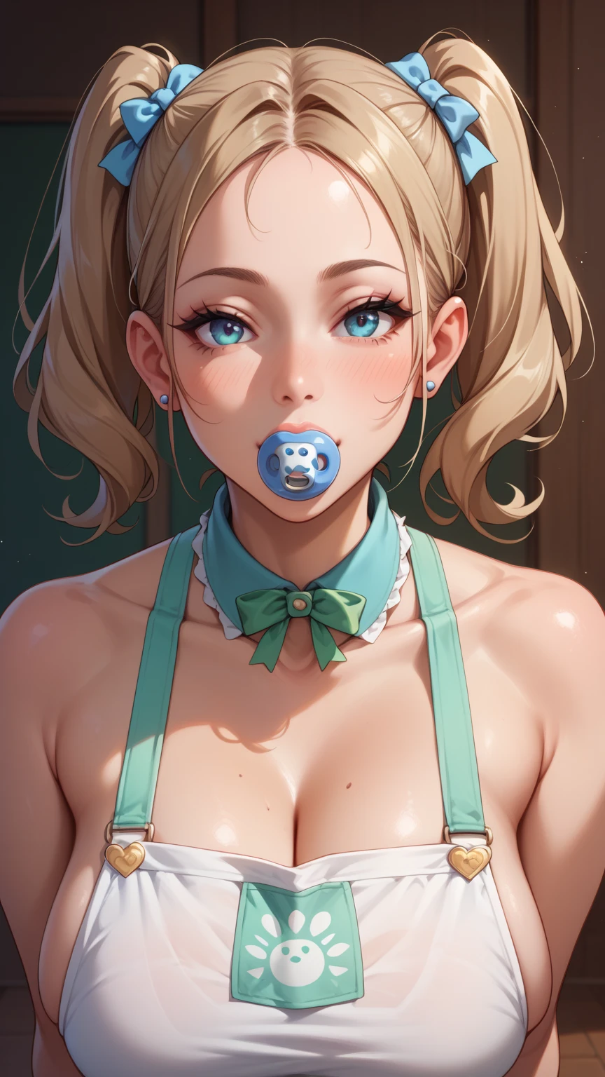 (Muscular Caucasian girl:1.2), in bedroom, full body image, hands behind head, arms up, detailed eyes, eye contact, (muscular body:1.2), (looking at viewer), (PERFECT SKIN), (nude:1.0), (naked:1.0), skinny body, fitness model physique, (extremely lean body:2.0), tiny waist, narrow waist, (thin:2.0), round breasts, hard nipples, wavy blonde hair, shiny hair, hair in pigtails, beautiful face, (cute:1.5), cute face, gorgeous face, pretty eyes, young, youthful, teenager, perfect skin, (smiling:1.0), plump lips, wearing black choker on neck, 8 pack abs, washboard abs, ripped body, fitness bimbo, (oiled skin:1.0), shiny skin, barefoot, (narrow hips:1.0), very narrow hips, long legs, LONG NIPPLES, (arched back:1.0), ENORMOUS NIPPLES, (large round breasts:1.0), eye contact, hairless genitals, hairless body, sexy, (slutty:1.0), slut, whore, (inner thigh gap:1.0), (thigh gap:1.0), eye-shadow, perky breasts, (cum on face:2.0), (cum on breasts:1.0)