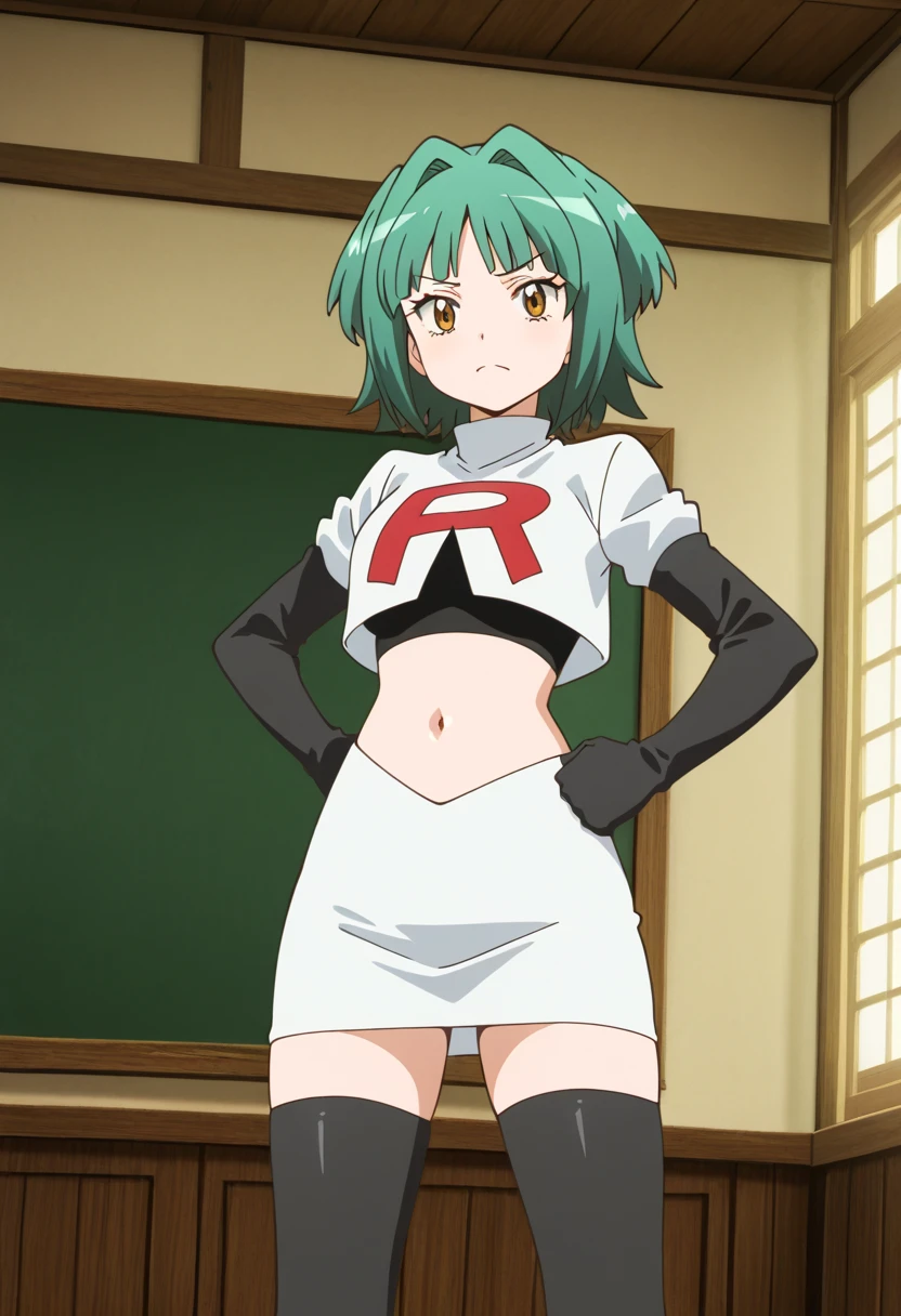 1girl in, (Solo:1.2), (Perfect body:1.1), (Best Quality:1.1), , very large breast, hands on hip,team rocket uniform, red letter r, white skirt,white crop top,black thigh-high boots, black elbow gloves, glaring angrily, looking at viewer, hands on hips,zettai ryouiki, Saria