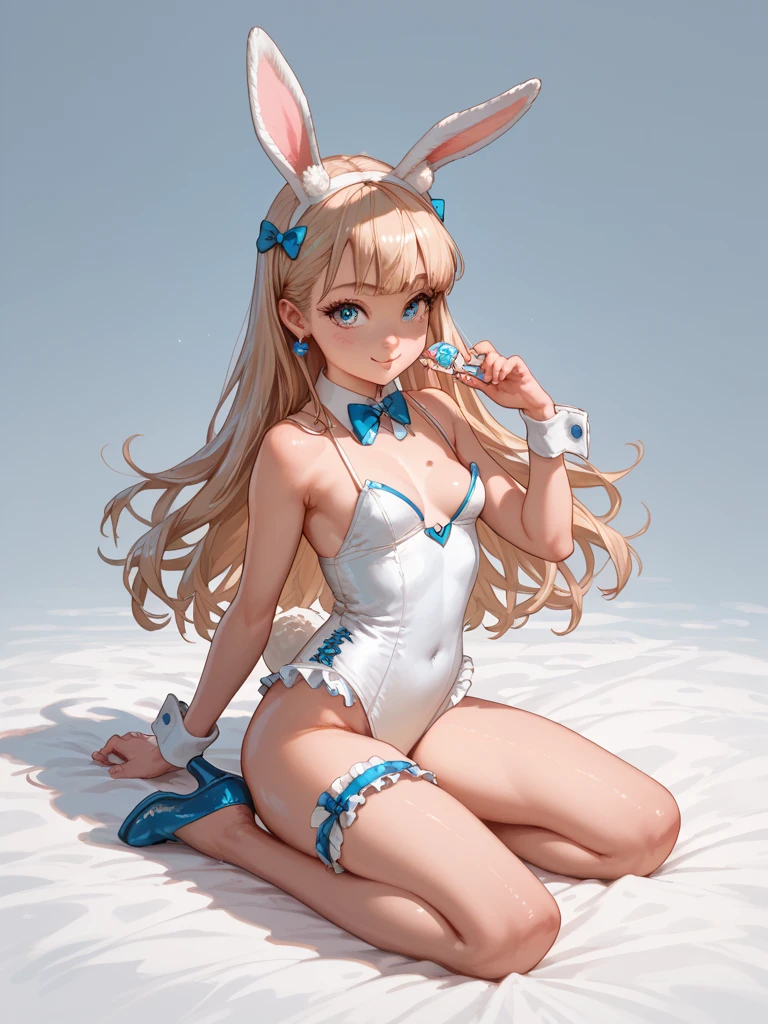 (*****, top-quality, 8K, masterpiece, Top image quality, Hi-Res, super detailing, Ultra HD, best quality, detailed background, (hyper detailed, intricate detail, Detailed hair ++, detailed eyes ++, raytracing, perfect shadow, enhanced eyes), (Delicate and smooth skin, real looking skin, Perfect and beautiful face ,Perfect and cute face, high detail skin, Perfect limbs)), girl , sexy facial expression, seductive eyes, animal ears , ass , blonde hair , blue bow , blue bowtie , blue eyes , blue hair , blue halo , blue leotard , braid , cleavage , detached collar , fake animal ears , groin , large breasts , long hair , multicolored hair , open mouth , playboy bunny , rabbit ears , rabbit tail , solo , strapless leotard , streaked hair , white thighhighs, on all fours, pov from below, view from below, looking down at viewer, blushing, breasts together , breasts hanging