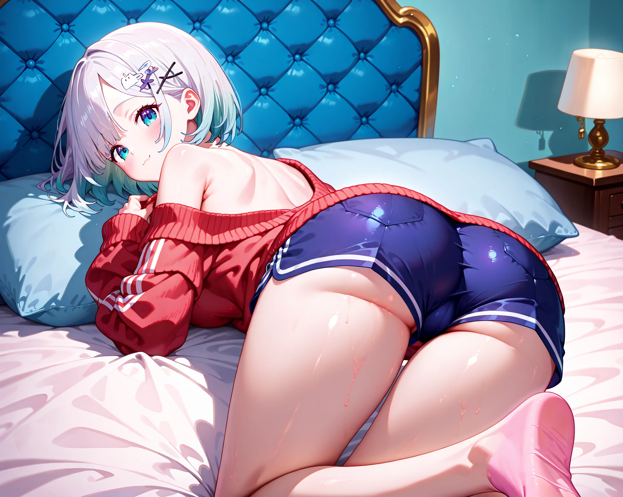 1 girl gray hair Bobcut blush Embarrassed Love Live Watanabe You Gym clothes Lower body bulge Torn red panties Erection Bulge Protruding foreskin Spread legs whole body