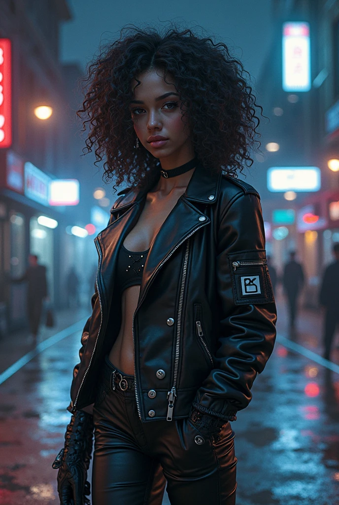 /imagine a cyberpunk warrior, a beautiful black woman, with light brown curly hair, ((her face is like that of the South African singer Tyla)), (she has a slutty smile, a tomboyish smile, beautiful teeth, but the look is sensual and seductive), she has round, small and firm breasts, a very thin waist, thick and toned thighs, she wears leather clothes with neon details, she wields a technological weapon, in the background a futuristic city, in the style of the film Blade Runner 2049