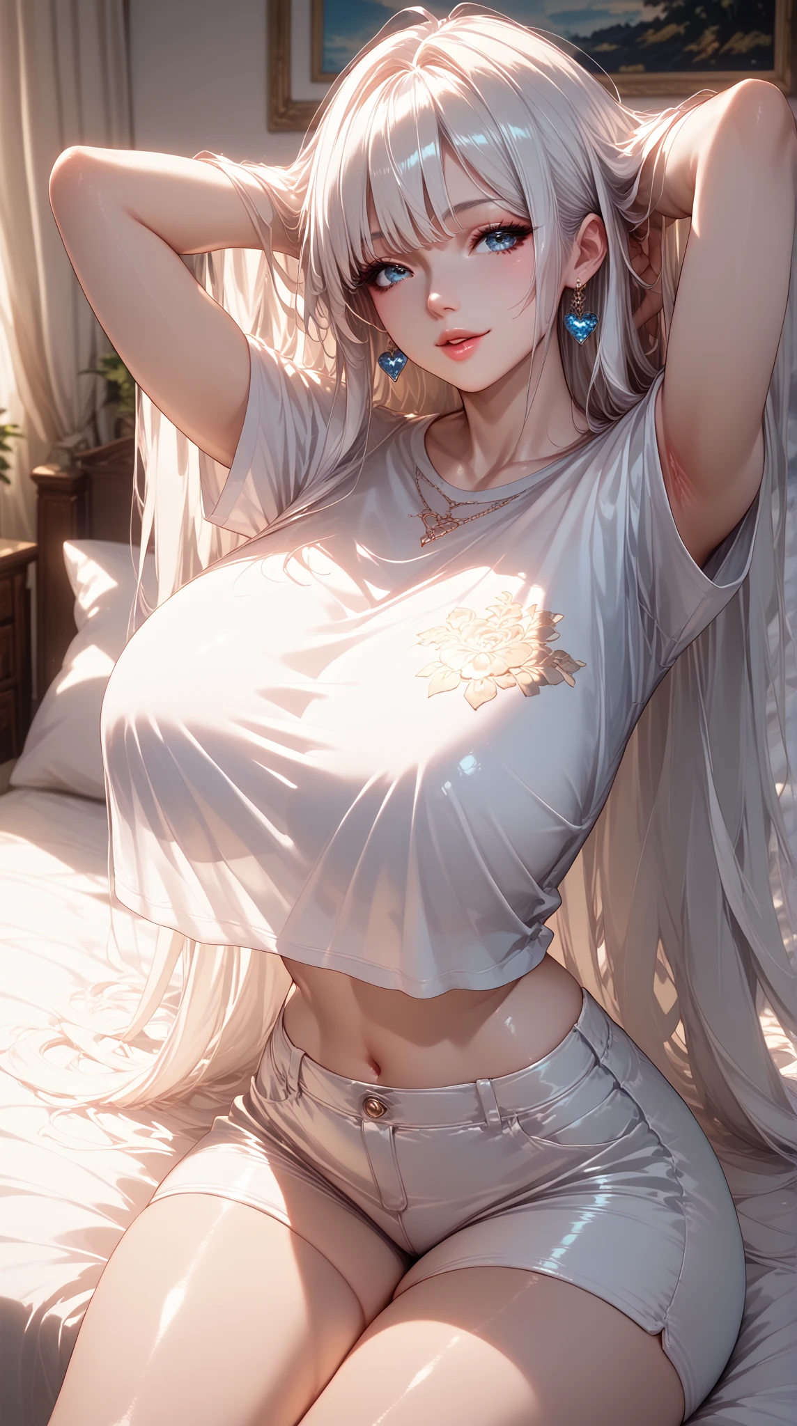 realistic, 1 women, best quality, 12k, HD, long hair, big round breasts, cleavage, ponytail, necklace, jewelry, shorts, short jacket, slim hips, hair tie, yellow eyes, black hair, super detailed, Eye details, hair details, person details, mouth details, face details, breast details, clothes details, hair details, pants details, hand details, whole body
