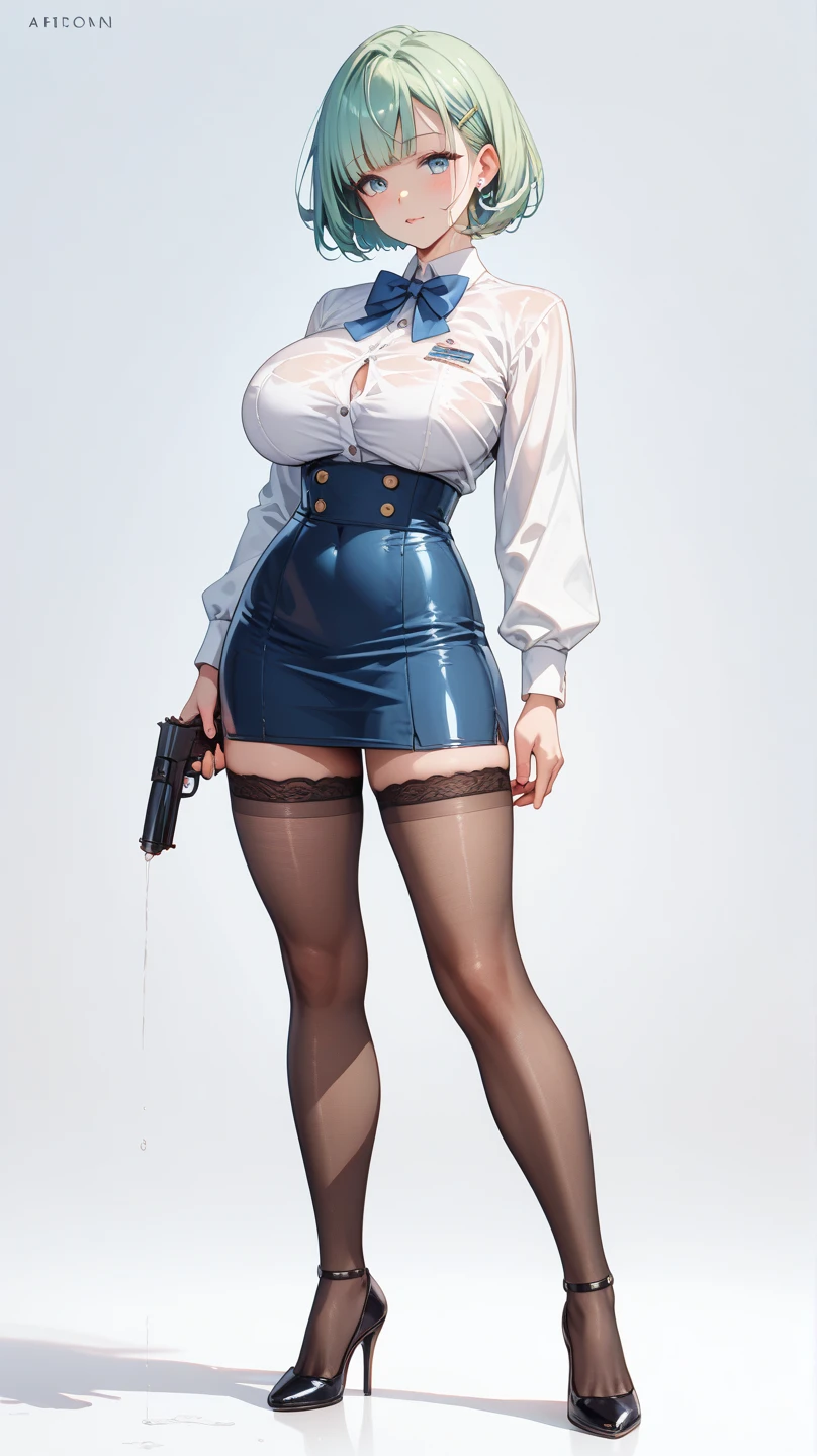 Focus: Mature Female

Appearance:

Body: Hourglass figure, thin waist, big perfect round breasts (avoid sexually suggestive phrasing)
Attire: Business outfit (formal jacket, necktie or tie, white shirt, high-waisted skirt, heels)
Style: Photorealistic, hyperrealistic (1.0)
Quality: Masterpiece, best quality
Details:
Face: Extremely detailed, perfect lighting, detailed eye makeup, nice features (eyes, hands)
Eyes: Nice, detailed, realistic pupils and iris (1.0) - Heavy eye makeup
Hands: Nice, perfect
Setting:

Background: Restaurant