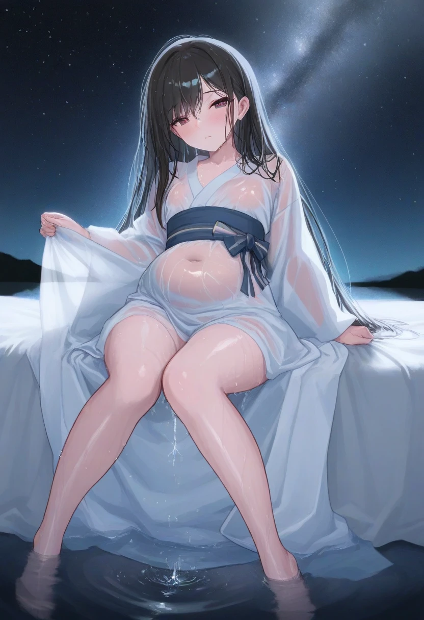1 Girl ,full length ,in a white blouse , ,snow-white skin ,without shoes,rubs his tummy ,exposed navel