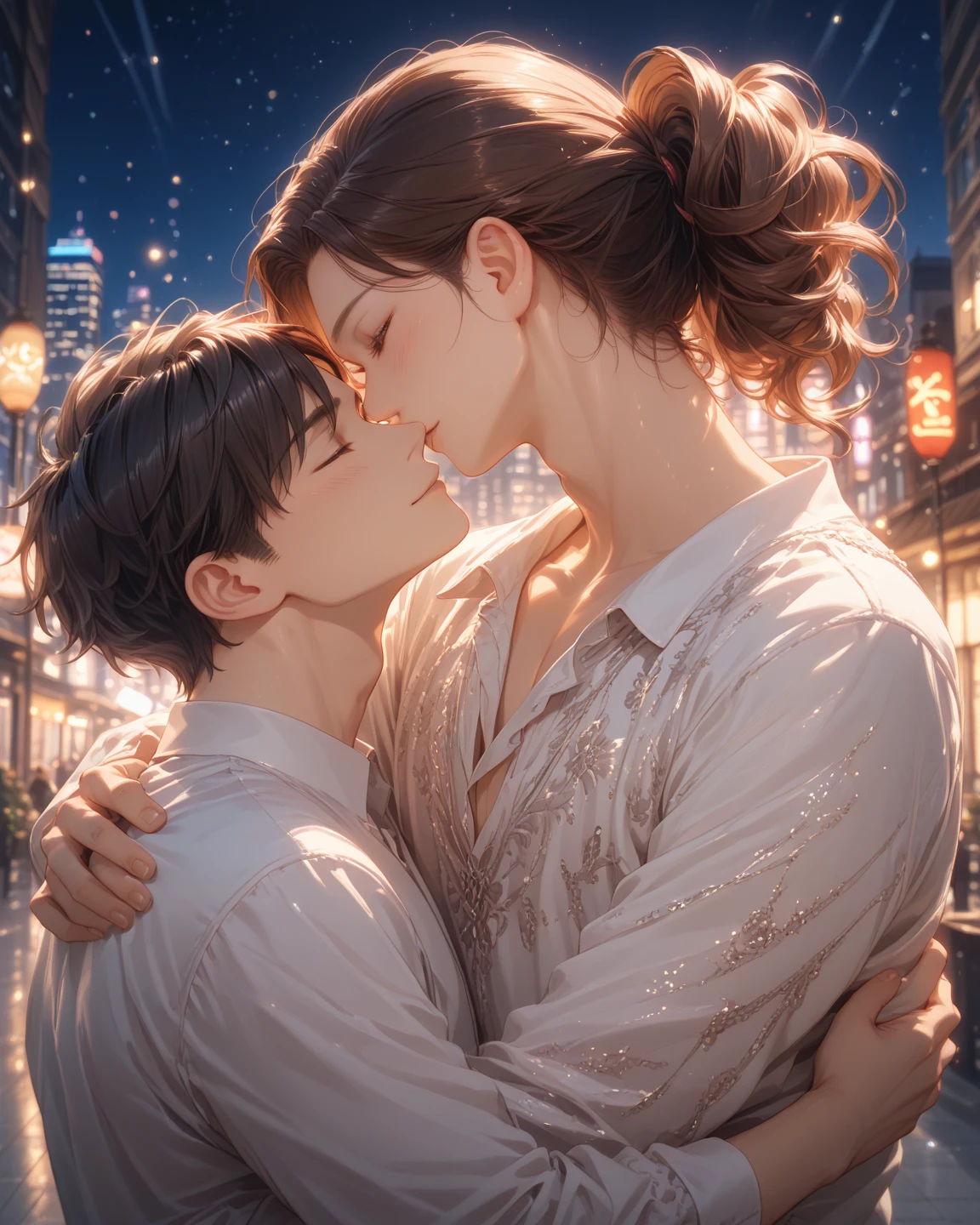 score_9, score_8_up, score_7_up, source_anime, 1boy, 1girl, mature female, mother and son, ???, hug, kissing, date night, valentine's day, romantic, loose hairs, sexy dress