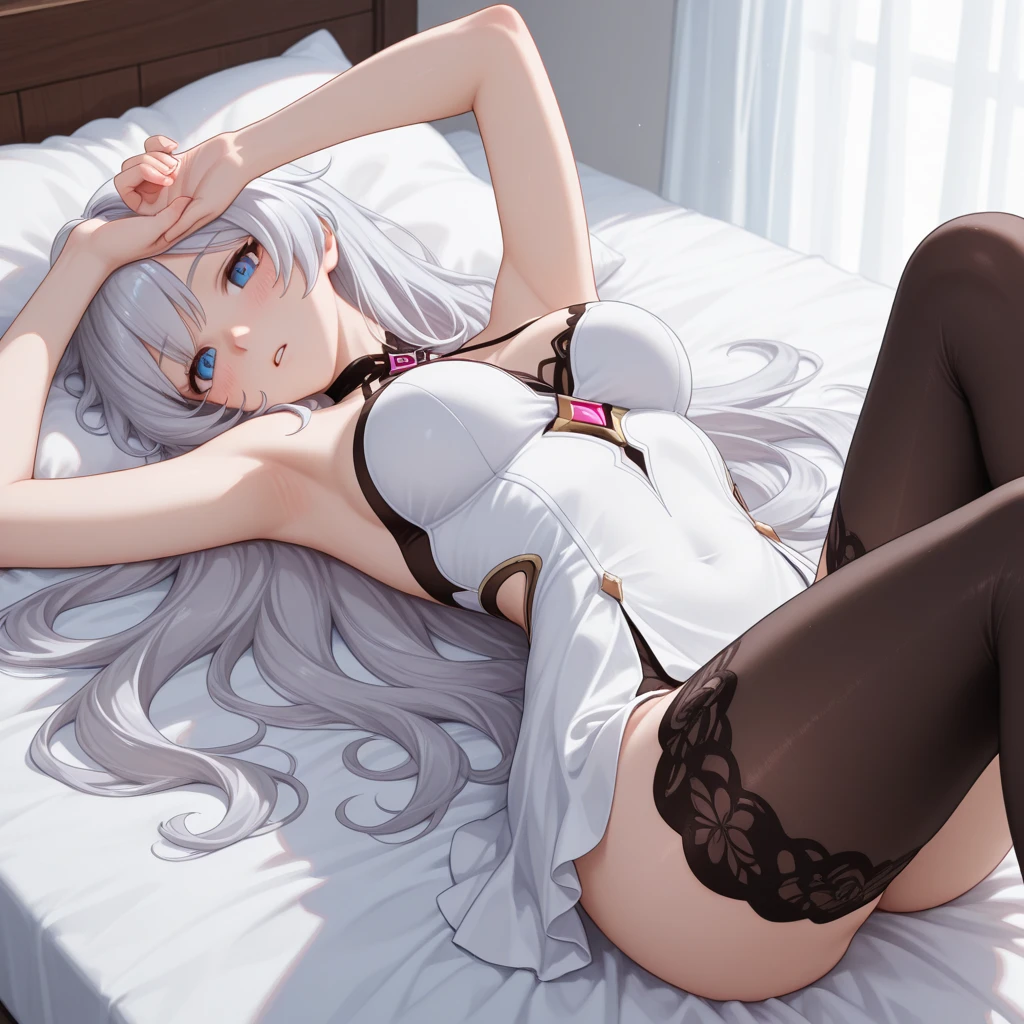 women, huge tit, Lower body tightening, Simple background, skin tight, cute expression, Masterpiece, (Best quality), dark skin, (((Shiny skin))), Lie down in bed, legs separated, spreads her legs apart, busty figure, Smile Expression, White transparent lace bikini, Fluoroareola, White transparent fabric, ((head back to the edge of the bed))
