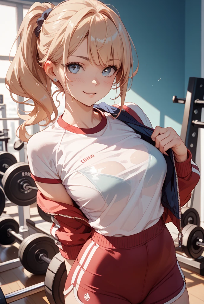 最high quality、best image quality、masterpiece、with a girl((18-year-old, ports bra, sports pants、vest bust、bust 90、blonde twintails、red eyes、open your chest wide, Slender、smile,fitness, I'm using a smith machine))high quality、beautiful art、With background((Sports club))、table top、elaborate design、visual art、