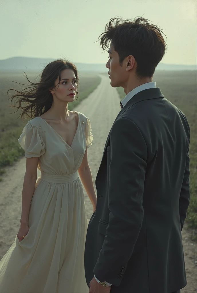 create a realistic image of a man and woman couple a little far from each other and arguing and fighting and behind a dark landscape at night with a very heavy sky, an image in 8k