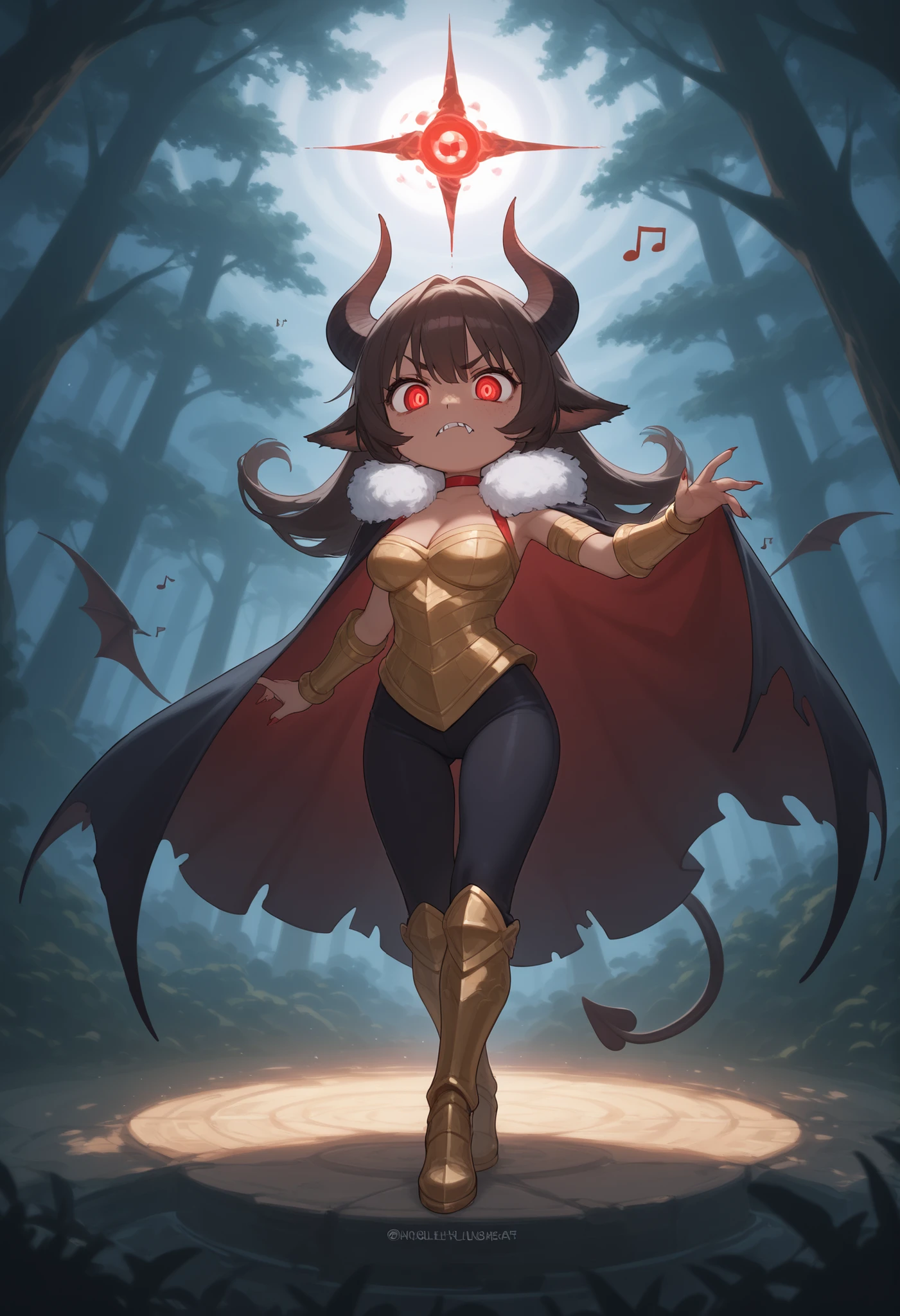 score_9, score_8_up, score_7_up, score_6_up, score_5_up, score_4_up, cute devil girl dancing, (dancing),music notes, (big trees in the forest), cute horror fantasy, Disney-style horror effects, dark brown skin, bags under eyes, long eyebrow,(big eyes:0.5)chibi, long nail, red eyes, hair, bat ears, fluffy ears, looking down, cloak\(black and gold Armor),picture-book style, ren-book style, long shot, detailed face, extremely detailed eyes, masterpiece, 4k, 8k, high-res, ultra-detailed, physically-based rendering, vivid colors, studio lighting cinematic lighting, dramatic lighting, fantasy, dramatic composition, dynamic pose, volumetric lighting, cleavage, great hips, C-cups, perfect breasts, shapely figure, curvy hips, sharp teeth, sharp horns, long horns, demon horns, spade tipped tail, long fangs, vampire fangs, sharp fangs, closed mouth, fur collar, cloud-like fur around neck, wrapped fur around neck, snug fit, soft fur, Black fluffy fur, blood red choker, tight choker, intricate details, glowing magical energy, Ethereal runes, glowing eyes, freckles, breathtaking scenery, short, chibi, frown, bored expression