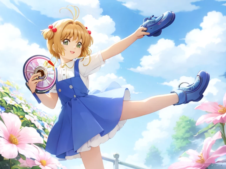 masterpiece, highest quality, 1 girl, alone, Kinomoto Sakura, two side up, smile, kicking, raise your legs, standing split, stand on one leg,