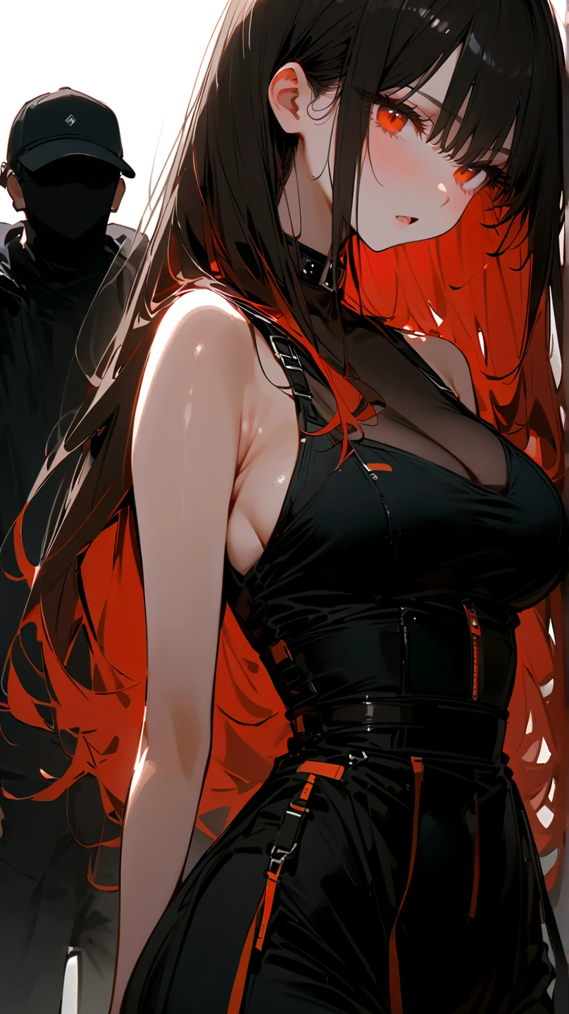 Two girls, big breasts, slim waist, большая зfromница, demons, red and black hair, Revealing clothing, from, fire, lava, lustful look,