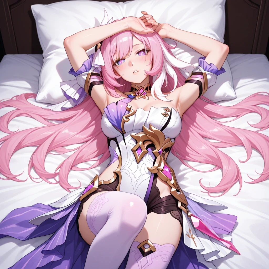 1gril,elysia,pink hair,veil,Purple pupils,Diamond pattern,White shoes,boots,White gloves,dress,Black shorts,Leg ring,Lie down,floor,Large Breasts,Cleavage,indoor,from above
