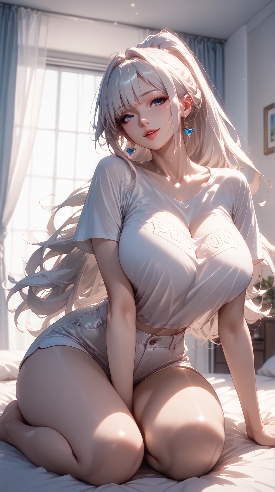 ((highest quality)), ((masterpiece)), (be familiar with), (perfect face), (beautiful symmetry face:2), (most beautiful face:2), (beautiful body:1.5), (ultra high resolution:2), (8k resolution:2), (super high detail:2), (non-nude:2.1), (huge breast:2), (very soft breast:2.1), (great cleavage:1.2), (natural soft cleavage:1.8), (big breasts overflow from dress:1.95), distinct cleavage, (bust shot angle:2), (accurate hands:2), (accurate fingers:2), (POV:1.8), (sexy high slit dress:1.7), (v-strings:2), (silver see-through sexy dress:1.8), (sexy figure:1.3), (perfect sexy proportion:1.7), (beautiful model proportion:2), (her breast facing to me:1.8), (gorgeous:2), (European princess:2), (forward-bent posture that emphasize breast:2), (leaning forward toward me:2), (beautiful abdomen like a model:1.8), (beautiful arm), (high detailed sexy party dress:1.8), gold dress, (extreme thin and high waist:1.8), (pose that emphasize breast:1.9), (seductive pose:1.5), (semi-short bob:1.4), (silvery pink hair:1.4), (kind smile:1.6), (dazzling gorgeous dress and room:1.9), (huge window wall:1.7), (celebs girls party:1.8), gray eyes, (transparent glass wall:1.3), (her gaze is on camera:1.9), gentle sunny lighting, (gorgeous bed room:1.5), bright bed room, photoreal, front light, navel is one, distinct outline like photo, heart necklace,