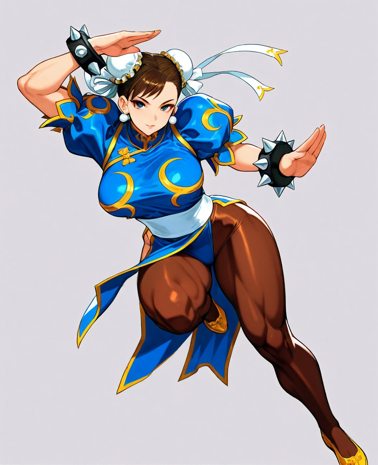 Por favor, crea una imagen de Chun-Li, an iconic character from the Street Fighter video game series, en estilo pixel art. The image must capture its essence and distinctive characteristics: dynamic pose: Chun-Li must be in a dynamic combat pose that highlights her agility and strength. Puedes optar por su famosa patada alta o una postura de combate. Ropa Tradicional: She must wear her signature outfit, including a blue qipao with gold details and white belt. Be sure to include her spiked bracelets and tall white boots. Detalles Faciales: Intenta capturar su rostro con la mayor cantidad de detalles posible en el estilo pixel art, including her unique hairstyle with bows and ribbons, her hair and eyes brown. Colores Vibrantes: Utiliza una paleta de colores vibrantes para que la imagen se vea llamativa y fiel al personaje del juego.