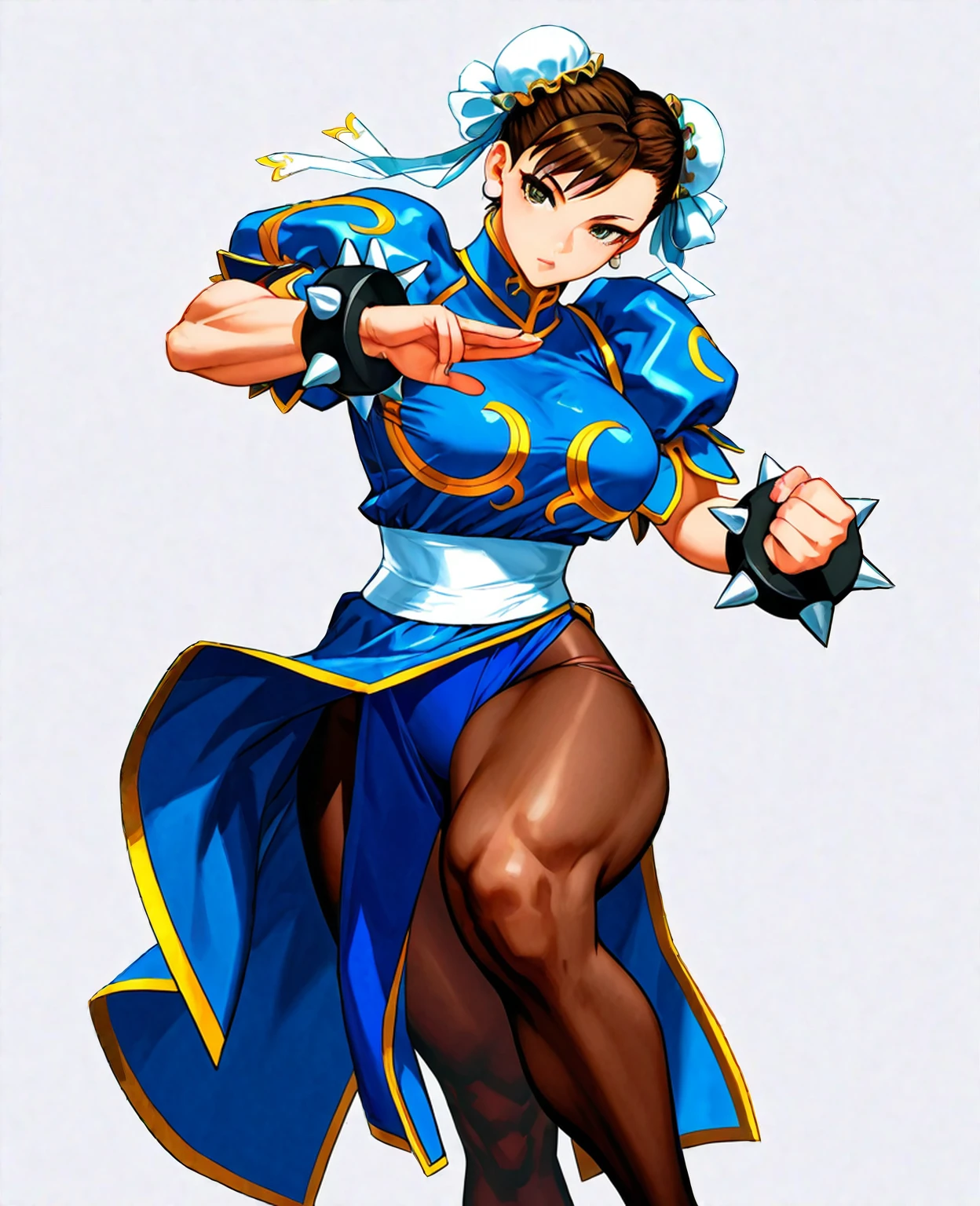 Street Fighter III Chun-Li usa um Qipao azul com bordados dourados e com fendas laterais grandes para melhor desempenho/movimentos nos combates, a type of brown pantyhose or leotard, pulseiras spike e botas brancas de cano alto.
