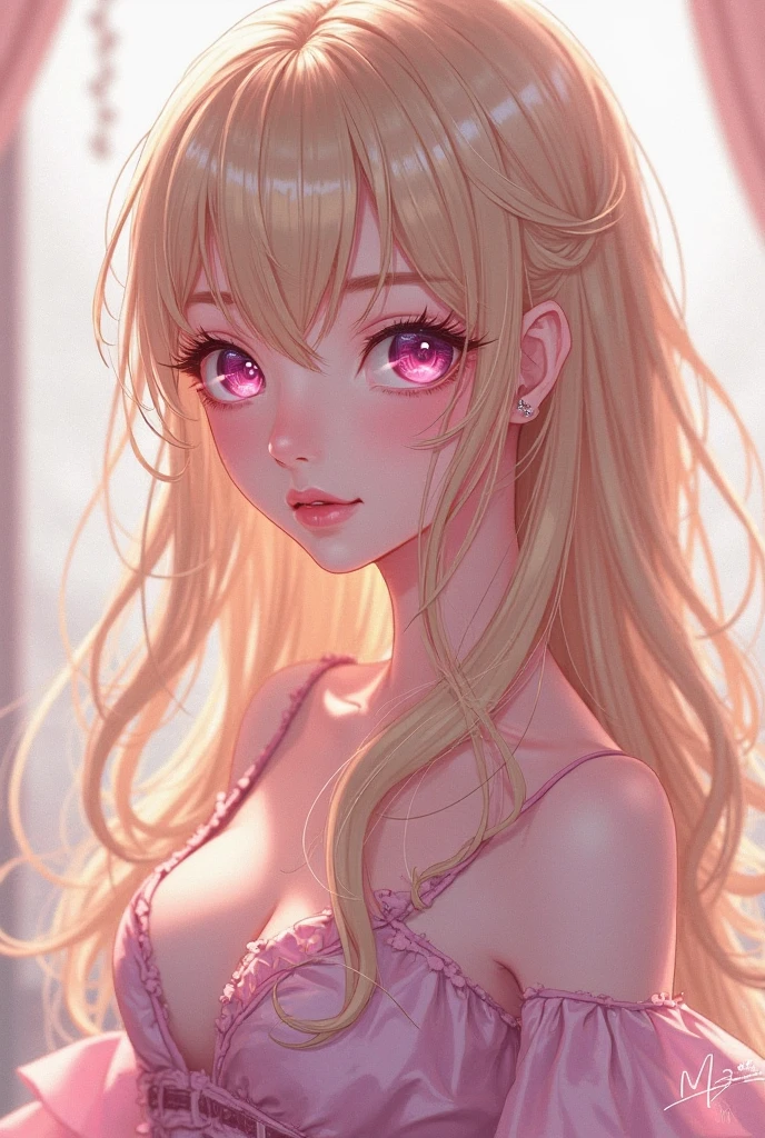 anime style, A young white woman, Her eyes are slanted and a deep pink color, Her hair is long to her hips and wavy and light blonde with pink tips., Her lips are medium, Her body is shaped like an hourglass, with quite a bust and big hips, She has a flirtatious expression without lipstick