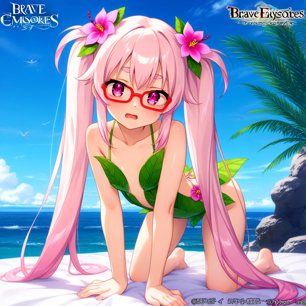(masterpiece, best quality:1.2), cowboy shot, (solo), (1girl):1.5, glasses, long fluffy pink hair, hair blowing, gorgeous body, wide hips, slight sensual smile, (sexy swimswit), navel exposed, small breasts, breasts niples, cameltoe, in front a palms in a windy beach, view form sea to beach.
