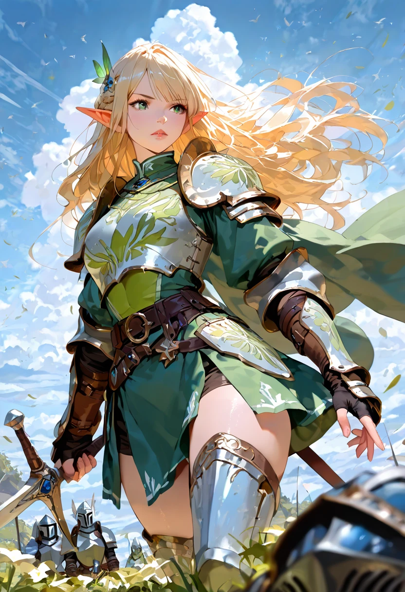 A woman elf with fair skin and short blonde hair. She have green eyes and wear the clothes of a medieval noblewoman. Holding a claymore sword.