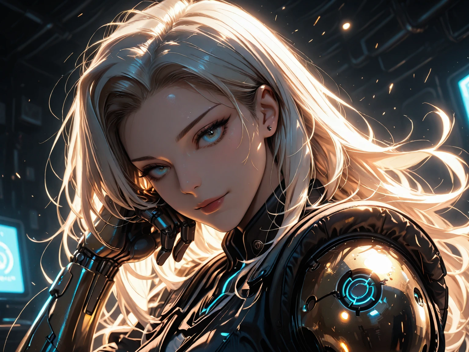 Realistic 8K.,high resolution, bright reflection,1 woman, alone, hips up, half body,(detailed face), blonde hair long hair, Mecha Musume, mechanical parts, robot joint, single mechanical arm, Mechanical radius, Dressed in blue and gold. Bikinis with lots of neon lights,The white bodysuit has several neon lights..,Chest armor with 4 large electric bulbs..,With colorful lights There was a bright purple light..(Very bright)Colorful beams of light shot from the armor..,Light radiated from the armor..,,  city at night