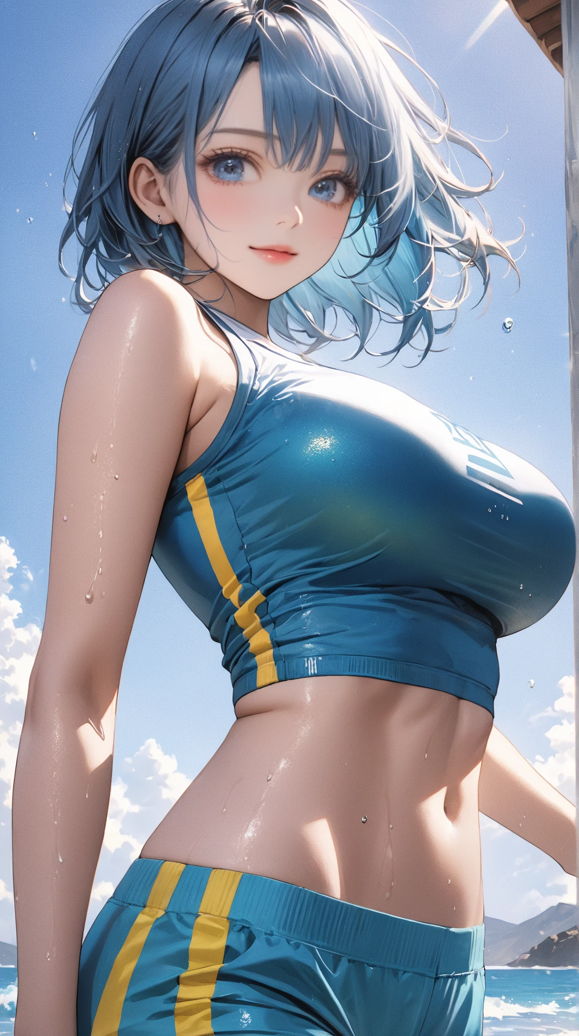 1womanl,Black hair,14 year old beautiful breasts,(((Sexy white and blue shiny gym uniform and micro skirt)))(())(((Blushing cheeks、Smile with open mouth)),(((Satin Narico))),((( portlate))),Crowds,Shiny white and blue gym uniform and microskirt,((Wet with sweat))(((Sexy Bra)))