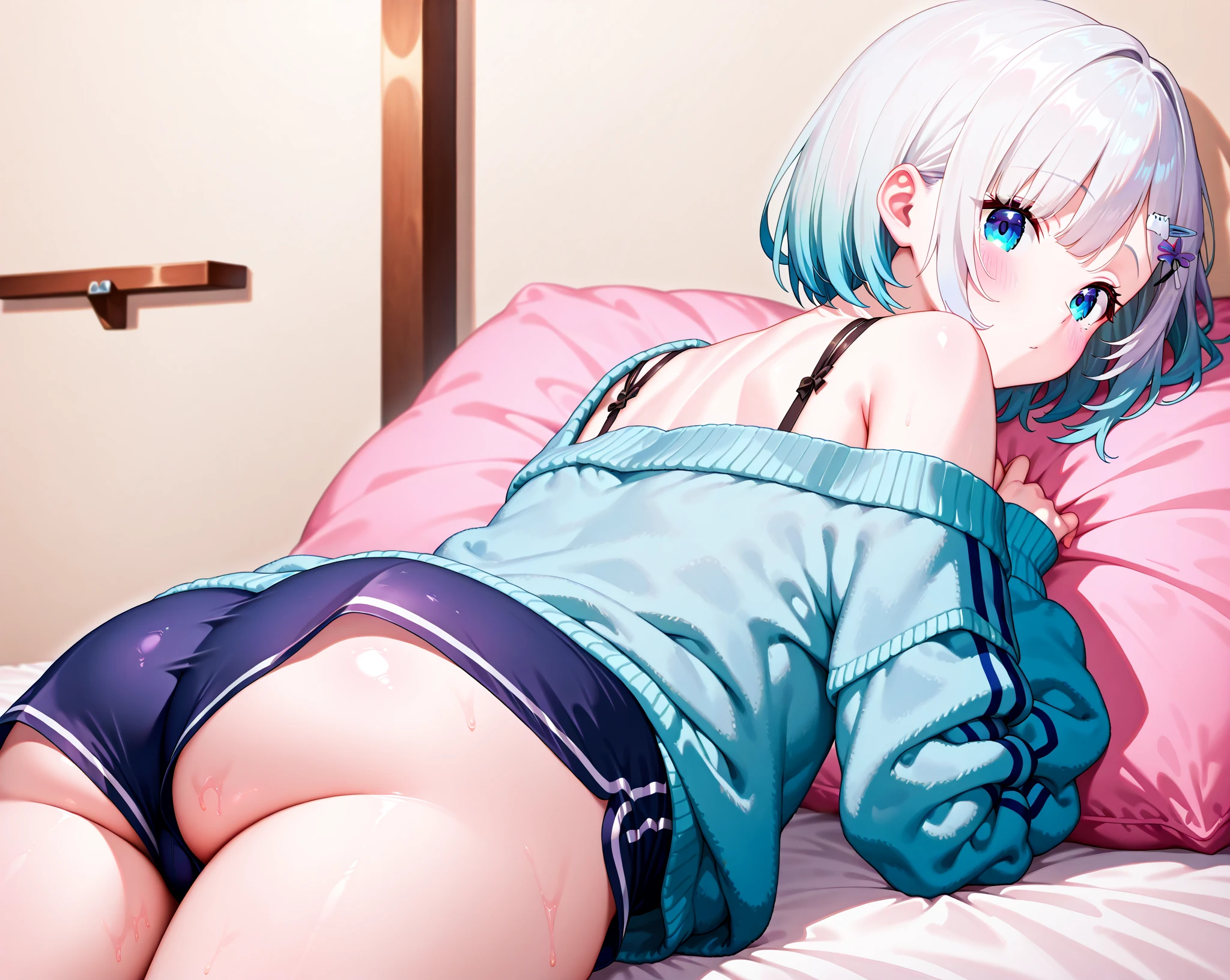Light blue hair、Short Bob、Deep green eyes、Small breasts、25 years old,pink silk lingerie,bed room ,On all fours、back shot,Leg spread,pussy juice,sweat,at night,nsfw