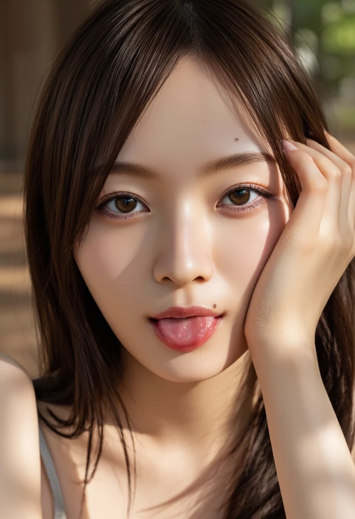 beautifulgirl, (((((Model Body Type)))), (((tall)))、Long Hair、Show your face, Sticking out tongue, short hair, brown, 8K, Professional photography, delicate, clear, in the forest, sun, Light leakage, masterpiece, (beautiful), (reality), smile, wonderful, Angel, young(Detailed face)、reality的Skin、((delicateな写真)),(Girl Masterpiece RAW Photo Details:1.25), (Highest quality:1.6), (Ultra-high resolution:1.5), (Realistic:1.75), 8K resolution,50mm, Absurd, Ultra-detailed,Cinema Lighting、(blunt bangs)