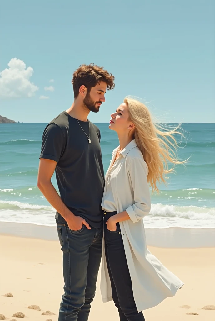 An 18-year-old white girl with long hair with smoky highlights, big sunglasses on her hair, wearing jeans by the sea, looking at the sea, and looking at a handsome boy, and the boy is coming towards her with his hand in her hair. He is smiling
