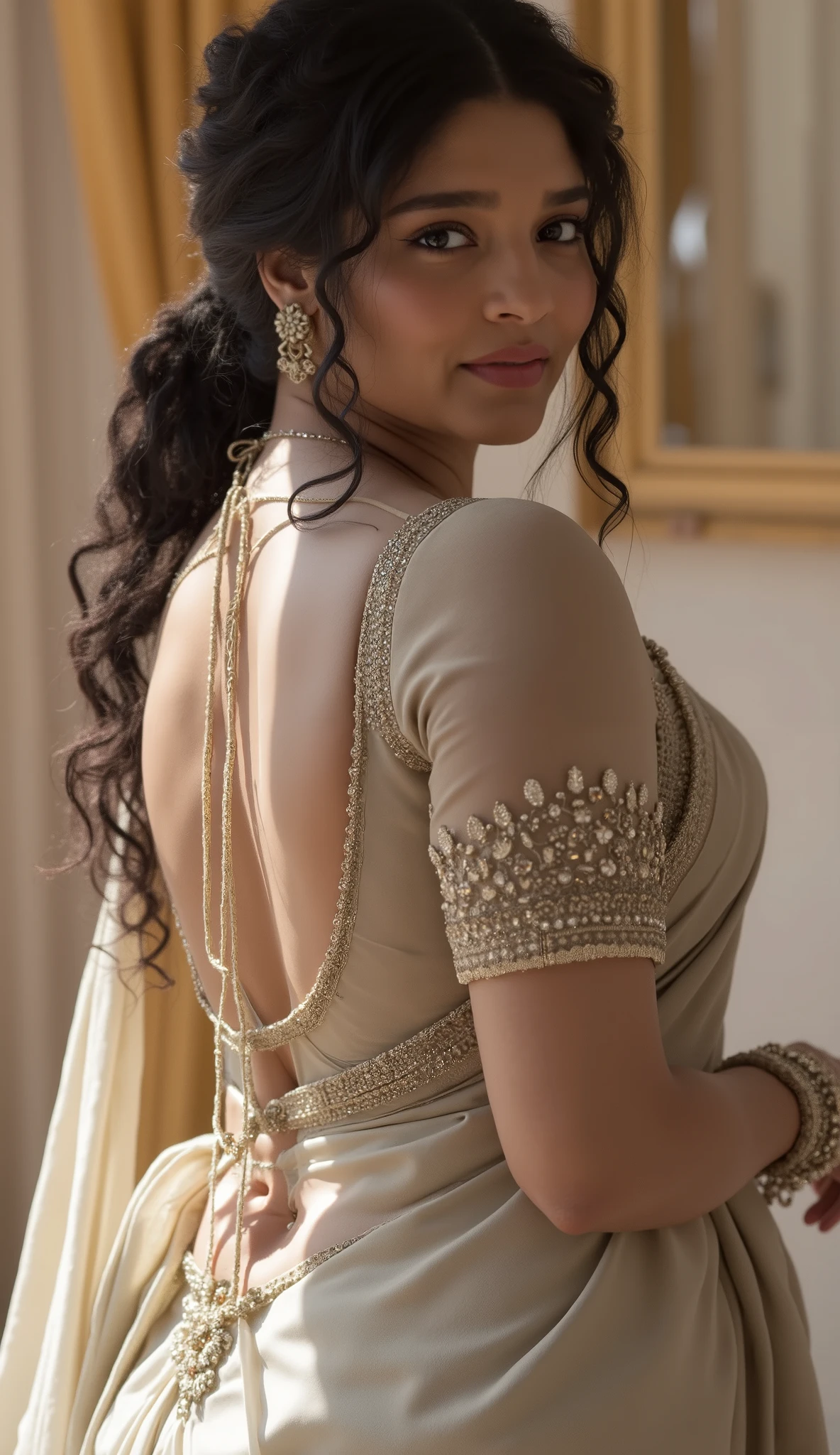 Day scene, extreme long shot photo of a sexy latina maid, cleaning car in a palace, big cheeks, curvy, super stylish transparent saree with out bra with wide open breasts, accessories,sex toys,cum on nipples, earrings, necklace, erotic face, 36 yo, ponytail, look at viewer and smile, (cinematic:1.3), intricate details, (ArtStation:1.2) show nipples,hand on ass,lag spread,sex position,without bra
