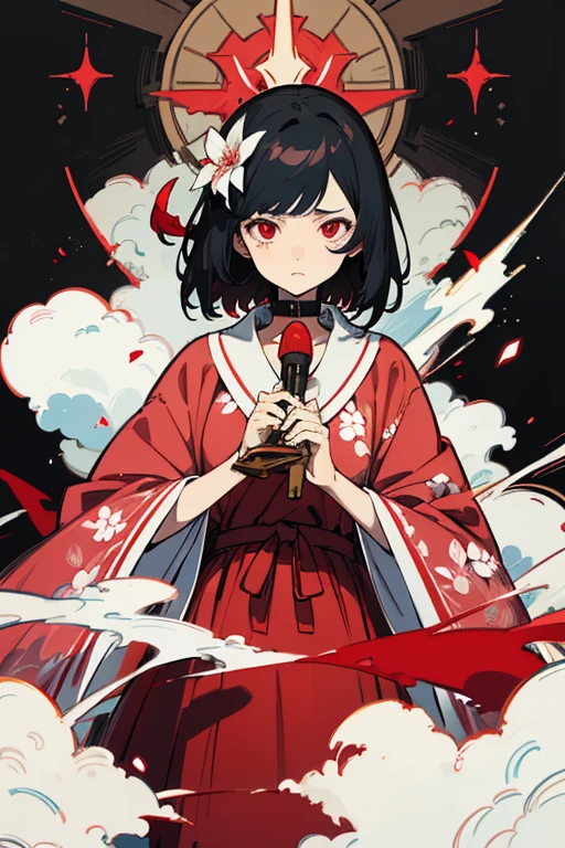 masterpiece, best quality, ultra-detailed, absurdres, 1girl, yellow eyes, black hair, short hair, detailed eyes, wide-eyed, eyelashes, looking at viewer, full body, torii, red theme, kimono, walking, particles, kanji
