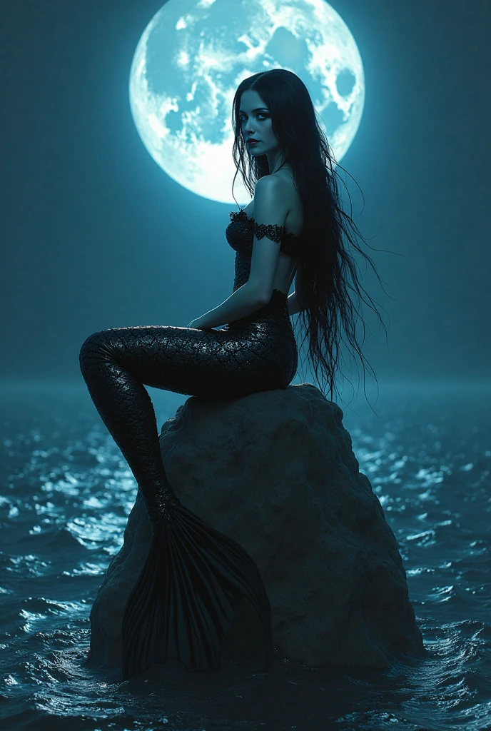 Hyper realstic mermaud, long black hair, sly look, dark red lips, her nipple is visible
