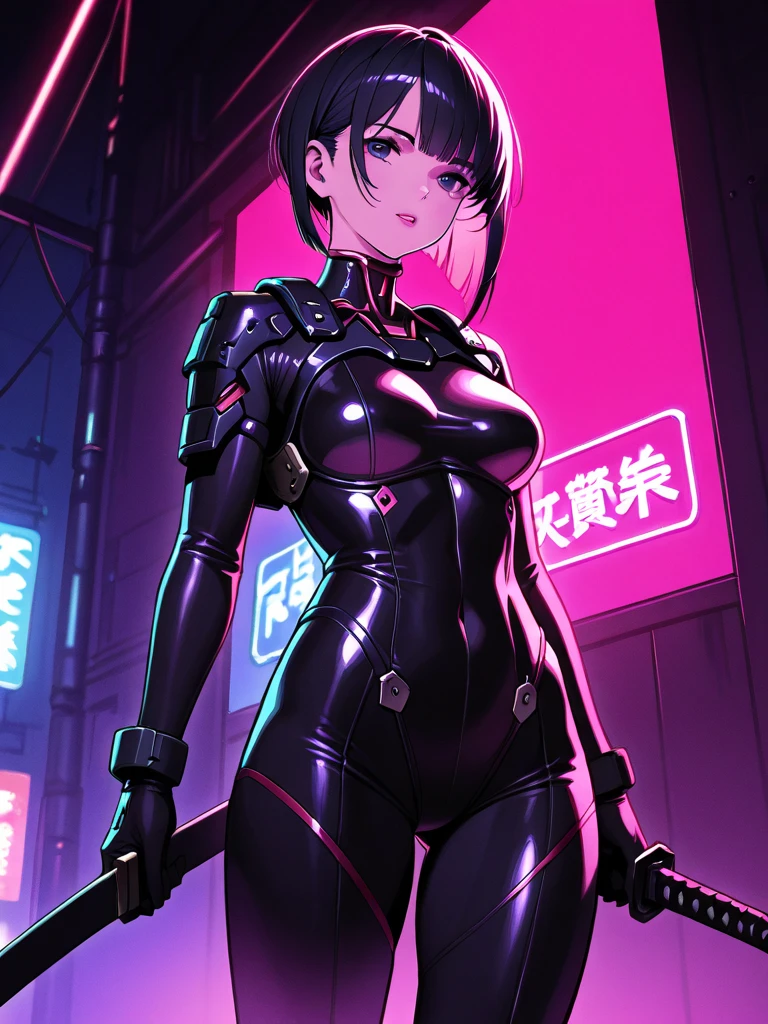 masutepiece, Beautiful Female Mech Pilot, 独奏, (Cyberpunk city on night background), tight partially transparent mini dress, (Small breasts), strong muscular body, short filthy hair, Undercut, Legs, Cyberpunk, (Skin Texture:1.1), Best Quality, 超A high resolution, (Photorealistic: 1.4), Raw photo, ellen von unwerth, nikon d850 film stock photograph, F1.6 lens, Rich colors, Realistic, cinestill 800, Backlight, Rim lighting, Studio Lighting